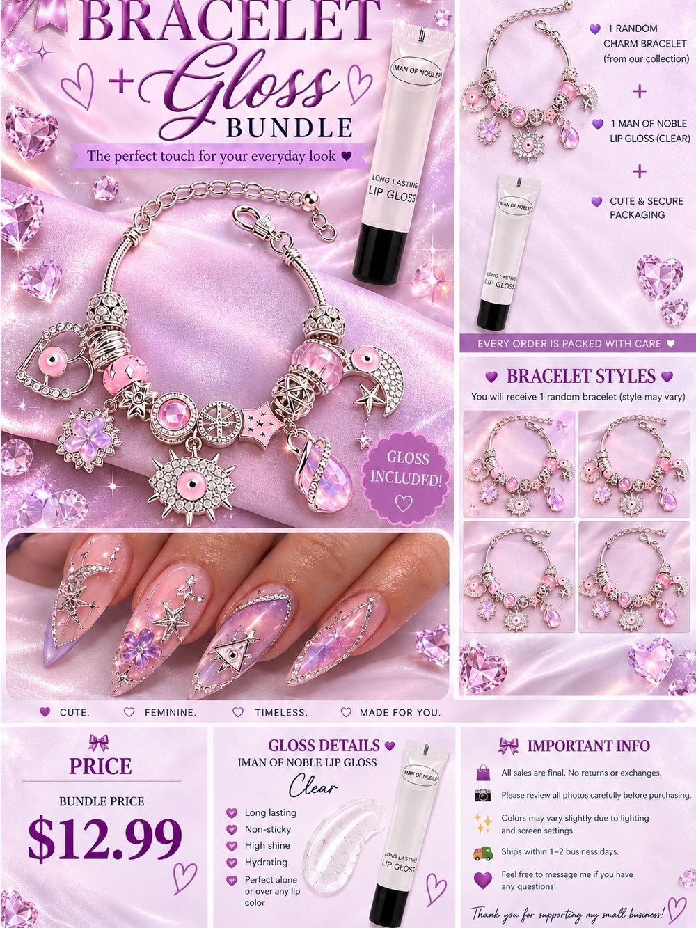 Pink Celestial Evil Eye Charm Bracelet + Iman of Noble Clear Gloss 🌙💗